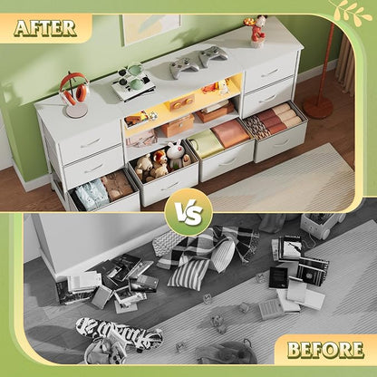 WLIVE TV Stand Dresser for 65,70 inch TV, Entertainment Center with LED Lights & 8 Long Fabric Drawers, Dresser TV Stand for Bedroom and Living Room, White