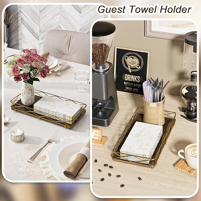 Toilet Paper Basket Holder, 13" Bathroom Tray Countertop, Wood and Metal Toilet Tank Tray Bathroom Vanity Organizer for Toiletry, Kitchen Sink Organizer for Soap Dispenser (Brown+Gold)