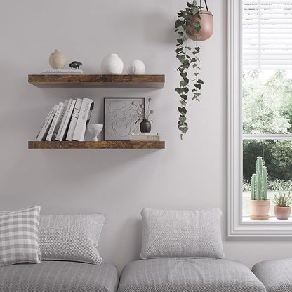 JPND Floating Shelf, Set of 2 Wall Shelf, 24 in W x 12.75 in D x 2 in H Wooden Floating Wall Shelf with Invisible Brackets for Living Room/Bedroom/Bathroom/Kitchen Storage and Decor, Rustic Brown