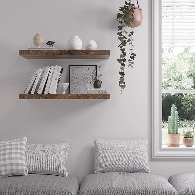 JPND Floating Shelf, Set of 3 Wall Shelf, 30 in W x 12.75 in D x 2 in H Wooden Floating Wall Shelf with Invisible Brackets for Living Room/Bedroom/Bathroom/Kitchen Storage and Decor, Rustic Brown