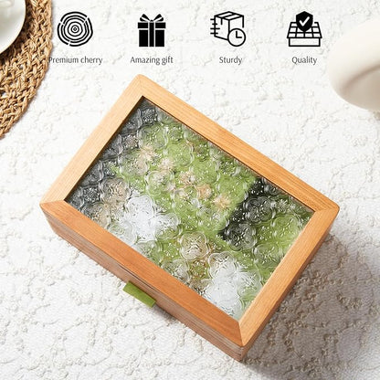 Wooden Jewelry Box, Large Size Case, Natural Solid Cherry Wood Vintage Trinket Organizer with 2-Layer Storage, Drawer, Ring Compartments, Necklace Hooks, Glass Lid, ek06-b-cherry