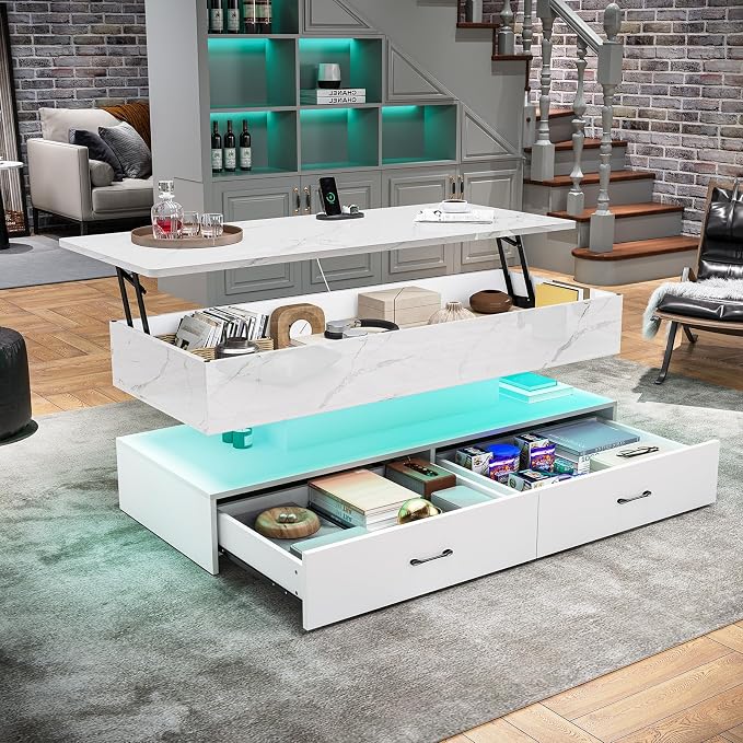 SEDETA 47.2" Lift Top Coffee Table, Coffee Tables with Storage for Living Room, 2 Drawers Coffee Table with Power Outlet & LED Light for Dining Reception Room, High Gloss White Marble