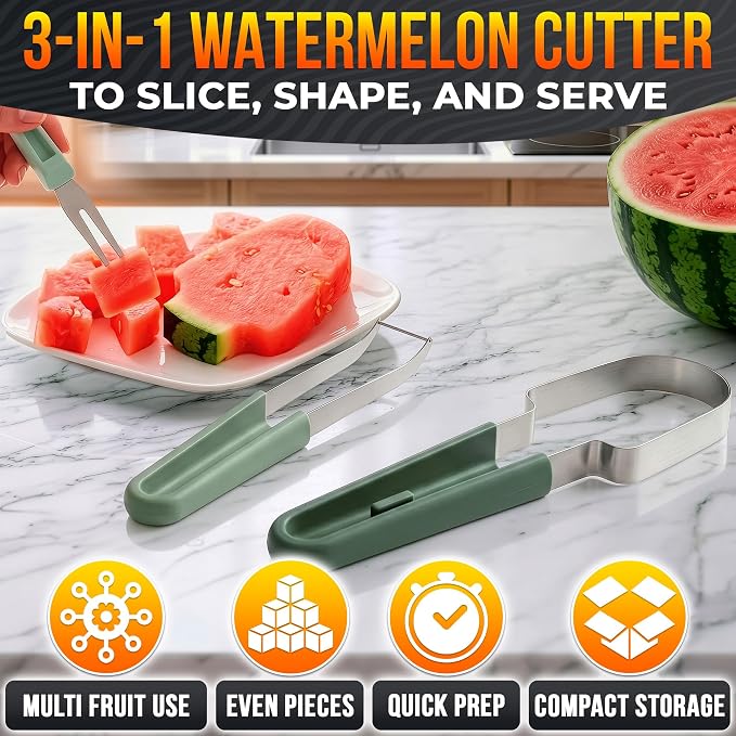 3-in-1 Watermelon Slicer Tool — Stainless Steel Portable, Mess-Free Multi-Use Kitchen Gadget for Summer Picnic, BBQ, Pool Party, Family Hosting, Hostess Gift — Watermelon Cutter Slicer Tool Kit