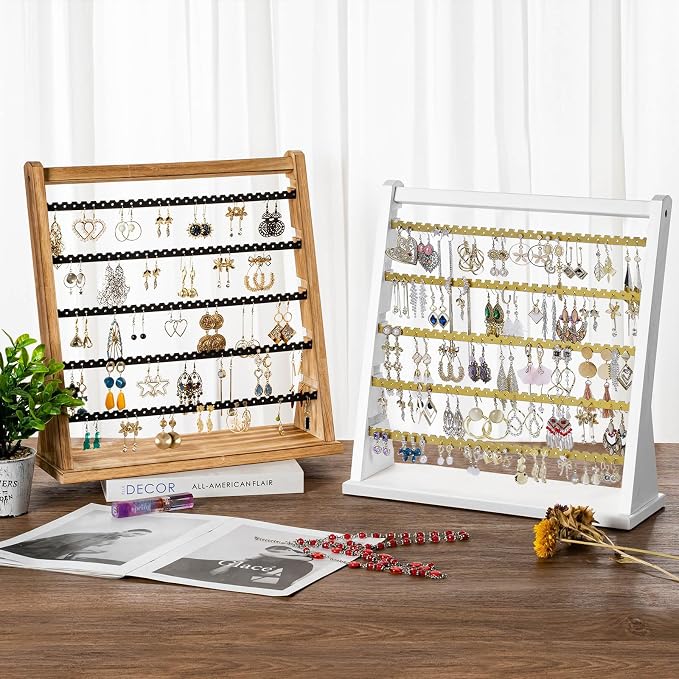 Poyilooo Earring Organizer Stand, Rustic Wood Earring Holder Rack, 5 Layer Jewelry Holder Organizer with 270 Earring Tree Holes Display for Stud Earings & Hoop Earrings, Gifts for Women (White&gold)