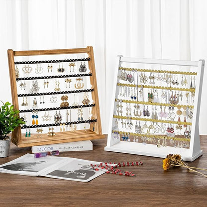 Poyilooo Earring Organizer Stand, Rustic Wood Earring Holder Rack, 5 Layer Jewelry Holder Organizer with 270 Earring Tree Holes Display for Stud Earings & Hoop Earrings, Gifts for Women (White&gold)