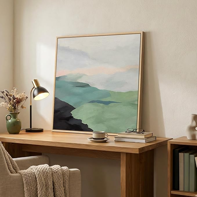Framed Green Abstract Wall Art, Modern Mountain Canvas Prints Paintings Artwork for Walls, Square Minimalist Green and Grey Landscape Pictures for Living Room Dining Bedroom Office Wall Decor 24x24 In