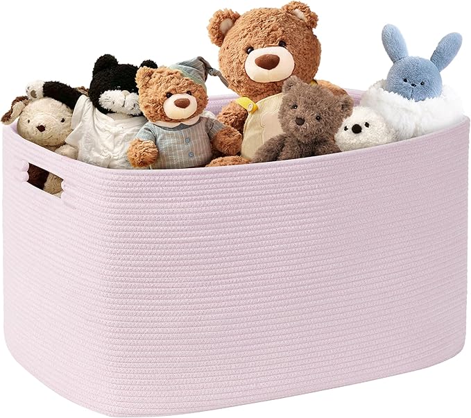 SunNewt 86L Large Baby Girls Laundry Basket for Nursery Storage,Cute Woven cotton Rope Baskets for Kids Toy，Gifts, Boho Square Wicker Blanket hamper for Living Room,Bedroom Dirty Clothes,Pink
