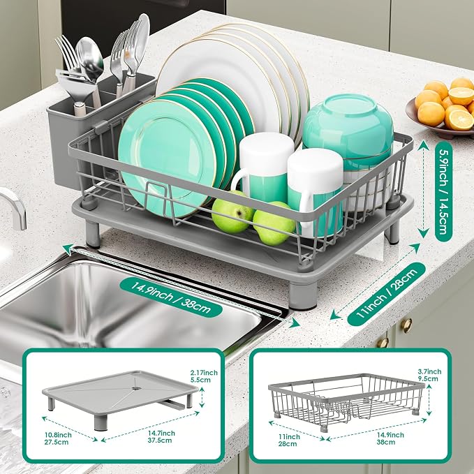 GAOKASE Dish Drying Rack, Stainless Steel-Dish Rack, Dish Racks for Kitchen Counter, Kitchen Dish Drainers with Removable Utensil Holder,New Drain Outlet,Plate Rack and Drainboard,(gray-11 W x 15" L)