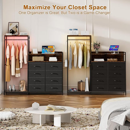58" H Dresser for Bedroom with Hanging Rack,8 Drawers Freestanding Clothing Rack, Large Capacity Storage Organizer with USB Charging Station & LED Lights for Bedroom Dorm Room Apartment,Grey