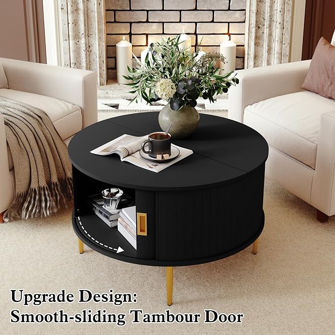 ARTPOWER 31.7" Round Coffee Table with Tambour Door, Mid Century Center Table for Living Room, Small Wood Fluted Circle Coffee Table with Storage, Black