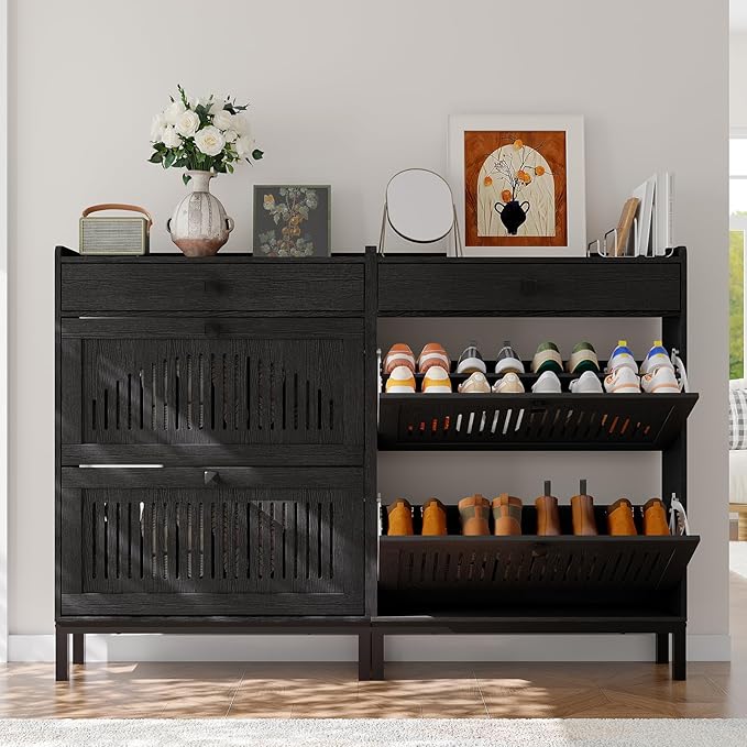 Garvee 2 Flip Drawer Shoe Cabinet with Adjustable Shelves, Hidden Shoe Organizer with Top Drawer, Freestanding Wooden Shoe Rack for Entryway, Hallway, Living Room, Black