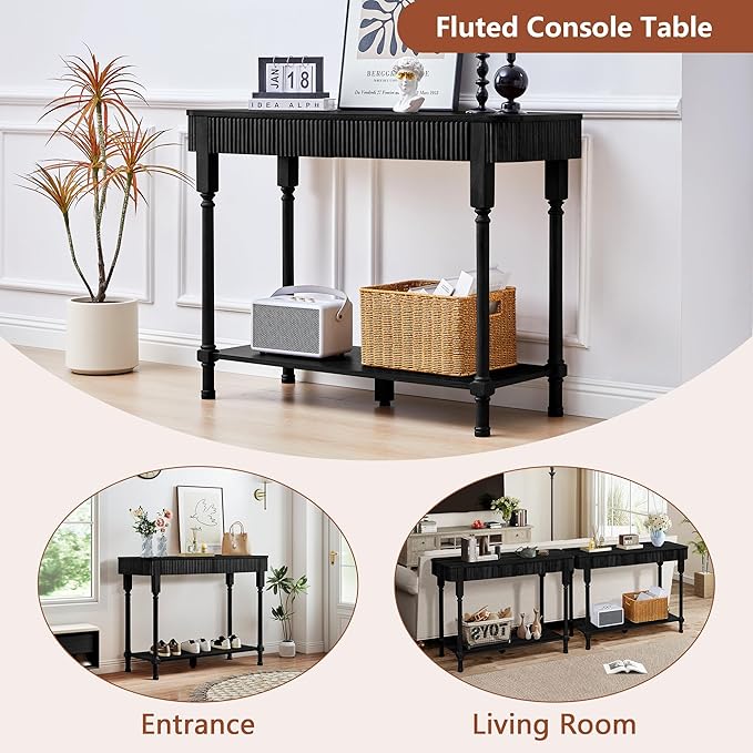 Fluted Console Table for Entryway, 43.3'' Narrow Entryway Tables with 2 Wooden Drawers, Retro Sofa Table Slim Behind Couch Accent Tables for Foyer, Living Room, Hallway (Black)