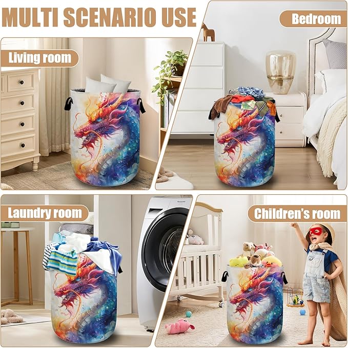 Colorful Dragon Laundry Basket, Foldable Waterproof Laundry Hamper Tote Bag Dirty Clothes Storage Bucket Toy Organizer for Bathroom/Laundry/Bedroom 15.7"x19.6"