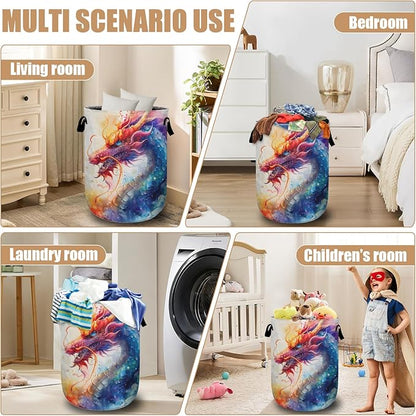 Colorful Dragon Laundry Basket, Foldable Waterproof Laundry Hamper Tote Bag Dirty Clothes Storage Bucket Toy Organizer for Bathroom/Laundry/Bedroom 15.7"x19.6"