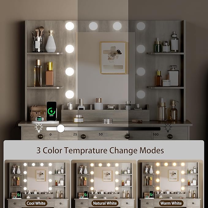 Vanity Desk with Mirror and Lights, Makeup Vanity with Mirror and LED Lights & Power Outlet, 3 Drawers and Cabinets, 3 Lighting Modes Dressing Table Set for Girls Women Bedroom,Grey