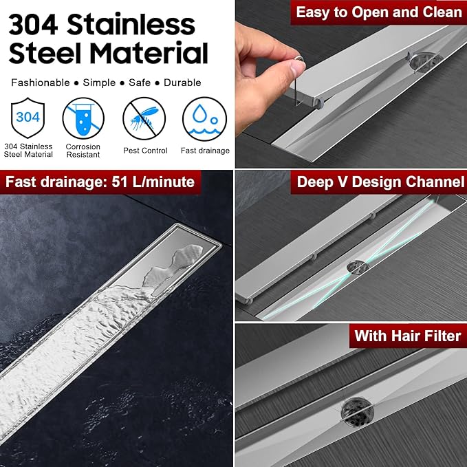 DLONE Linear Shower Drain | 60" AISI 304 Stainless Steel Linear Drain, Brushed Nickel Shower Drain with Tile Insert Panel & Adjustable Feet, Long Rectangle Shower Floor Drain in Bathroom, Balcony etc