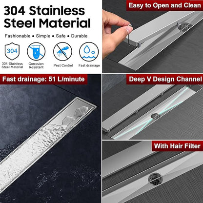 DLONE Linear Shower Drain | 60" AISI 304 Stainless Steel Linear Drain, Brushed Nickel Shower Drain with Tile Insert Panel & Adjustable Feet, Long Rectangle Shower Floor Drain in Bathroom, Balcony etc