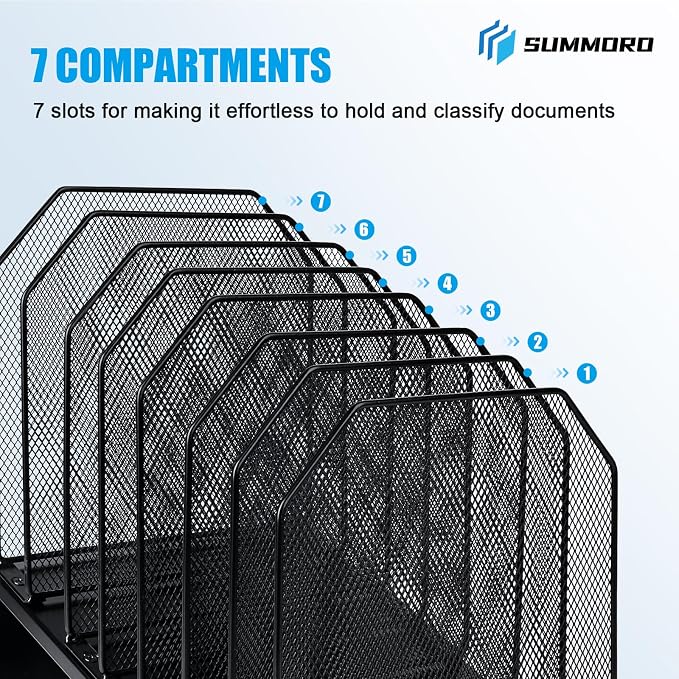SUMMORO Inclined File Organizer for Desk, 7-Section Vertical File Folder Holder Office Desk Organizer Metal Rack File Wire Mesh Desktop Document Sorter for Office School Classroom Home (Black)