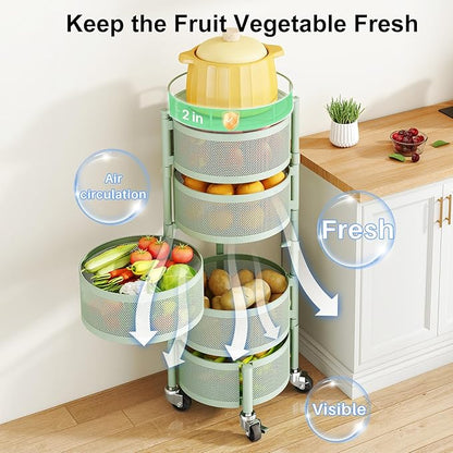 SAYZH Fruit Vegetable Basket for Kitchen, Rotating Storage Rack, 5 Tier Rolling Cart with top lid, Large Metal Wire Basket for for Potato Onion Snack, Green