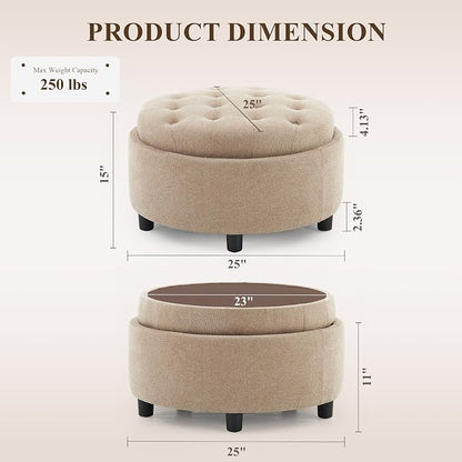 COLAMY Fabric Round Storage Ottoman with Reversible Tray Lid – Multi-Functional Footrest, Hidden Storage, Sturdy & Stylish Small Coffee Table for Living Room, Bedroom, or Entryway(Camel)
