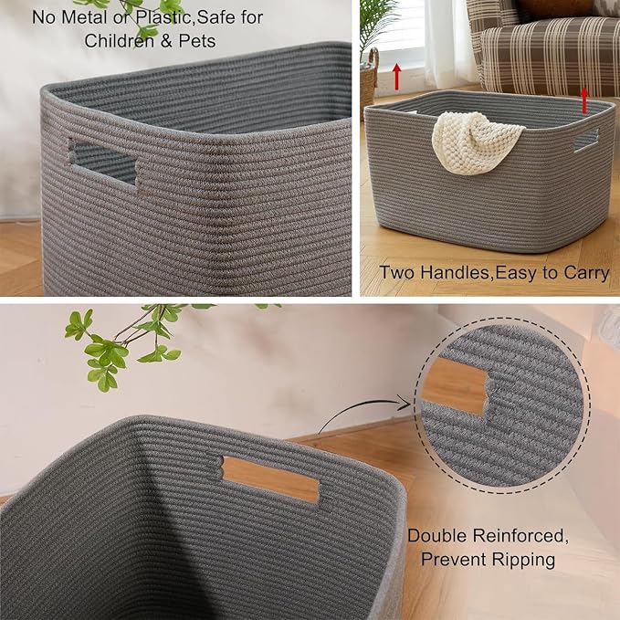 OIAHOMY XXLarge Rectangle Blanket Basket-96L, Cotton Woven Basket for Storage, Dirty Clothes Basket for Living Room, Nursery, Bedroom, Toy Organizing with Handle, 24" x 16" x 15", Dark Grey