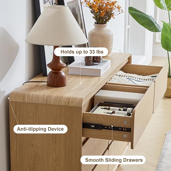 AVZEAR Modern 6 Drawer Dresser for Bedroom, 48" Wide Wooden Dresser Chest of Drawers, Curved Profile Design, Closet Clothes Storage Organizer for Kids Bedroom, Living Room, Nursery, Natural Color