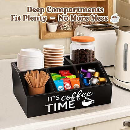 Coffee Station Organizer – Wooden Condiment Holder for Coffee Bar Accessories, Tea Bags, Pods, Stirrers – Rustic Countertop Storage Basket for Home & Office