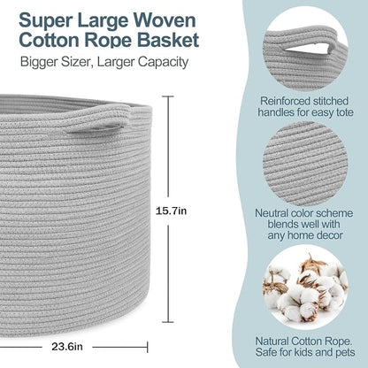 MEGASKET 115L Super Large Gray Blanket Basket, 23.6"x15.7" Woven Cotton Rope Storage Basket for Laundry, Towel, Pillow, Oversized Kids Dog Toy Storage Bin, Grey XXXL Blanket Holder for Living Room