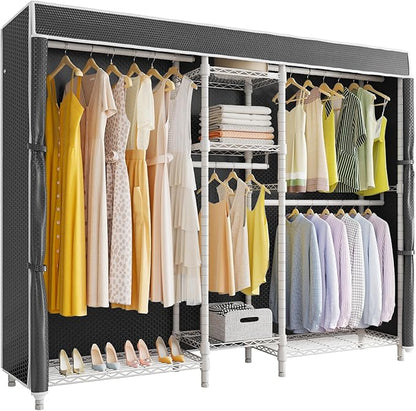 VIPEK Classic V6C Heavy Duty Covered Clothes Rack 5 Tiers Wire Garment Rack Large Size Wardrobe Closet White Metal Clothing Rack with Black Oxford Cover, 70.1" L x 17.3" W x 76.4" H, Max Load 870 LBS