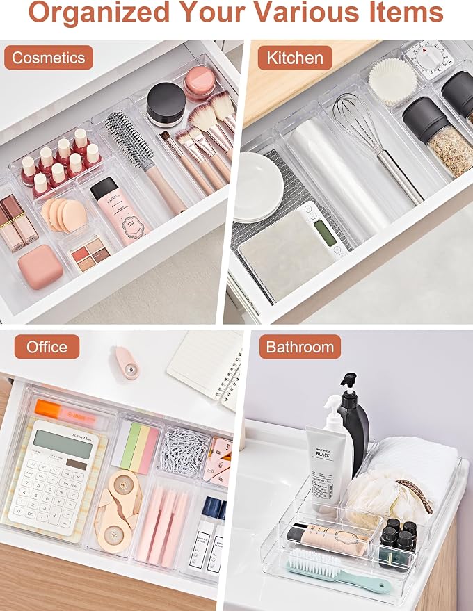 SMARTAKE 37-Piece Drawer Organizer with Non-Slip Silicone Pads, 4-Size Desk Drawer Organizer Trays Storage Tray for Makeup, Jewelries, Utensils in Bedroom Dresser, Office and Kitchen (Clear)