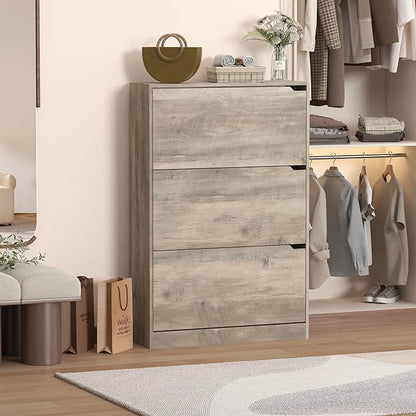 Shoe Cabinet with 3 Flip Drawers, 47" Slim Hidden Wood Shoe Storage Cabinet with Adjustable Shelf, Freestanding Narrow Shoe Rack Organizer for Entryway, Hallway, Grey