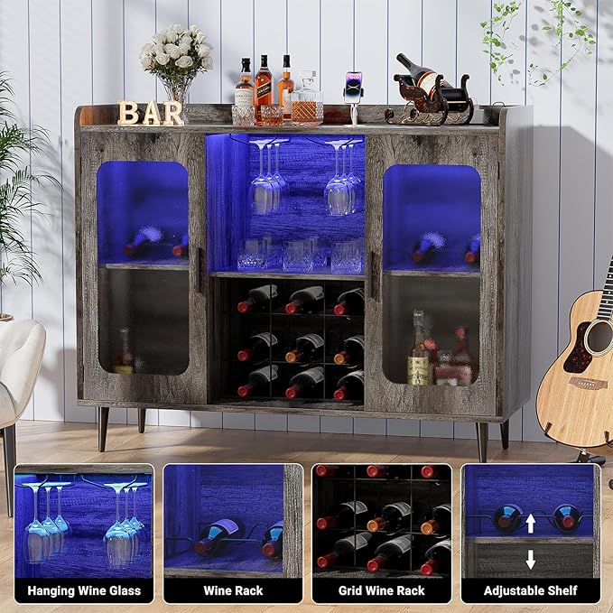 Liquor Cabinet Bar with Power Outlet & LED Light, Wine Bar Cabinet with Wine and Glasses Rack for Kitchen, Dining Room, Black Oak