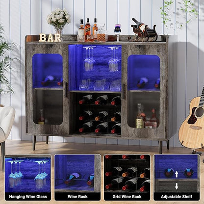 Liquor Cabinet Bar with Power Outlet & LED Light, Wine Bar Cabinet with Wine and Glasses Rack for Kitchen, Dining Room, Black Oak