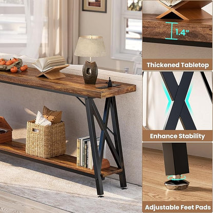 Homieasy 70.9 Inch Extra Long Console Table, Industrial Sofa Table Behind Couch with Charging Station & Storage Shelf, Entryway Table for Living Room & Entryway, Rustic Brown