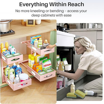 2 Pack Under Sink Organizer, 2 Tier Pull out Cabinet Organizer Mesh Baskets with 5 Adjustable Heights, Sliding Drawers Storage Shelf for Home, Kitchen, Bathroom, Pantry, Office, Countertop ,Pink