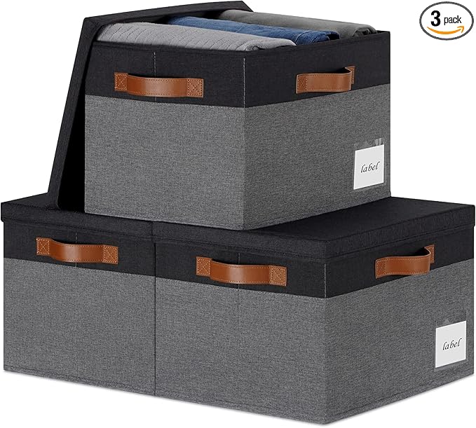 PFFVRP Large Storage Bins with Lids, Foldable Fabric Storage Baskets with Lids, Sturdy Storage Boxes with Labels and 3 PU Handles for Closet Home Bedroom Office (26L, 3 Packs, Grey&Black)