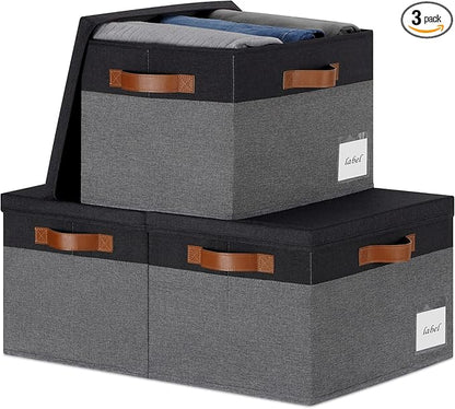 PFFVRP Large Storage Bins with Lids, Foldable Fabric Storage Baskets with Lids, Sturdy Storage Boxes with Labels and 3 PU Handles for Closet Home Bedroom Office (26L, 3 Packs, Grey&Black)