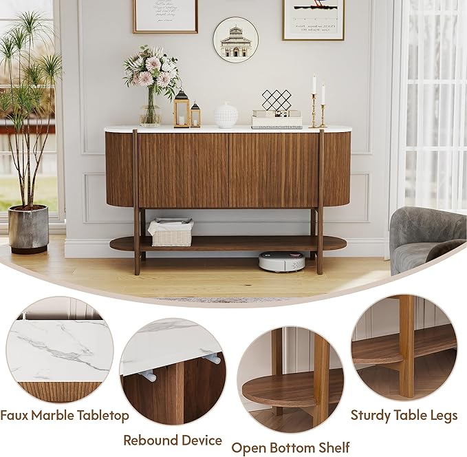 Console Table with Storage, Fluted Entryway Table with 2 Doors and Open Shelf, Long Sofa Table Behind Couch for Living Room, Hallway (Walnut)