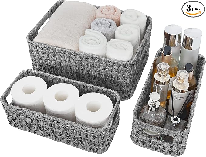 GRANNY SAYS Wicker Baskets for Organizing, Storage Baskets for Shelves, Small Baskets for Counter, Waterproof Storage Basket with Handles, Gray, 3-Pack