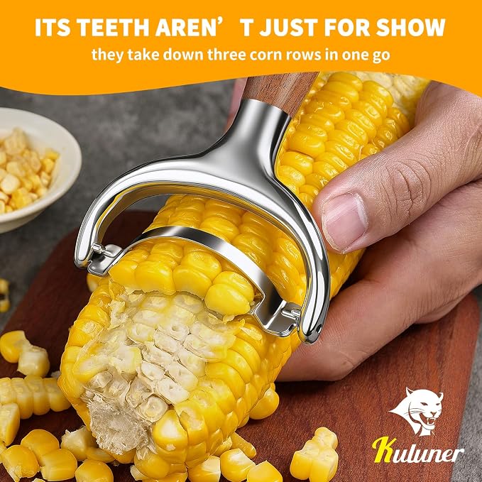 KULUNER Stainless Steel Corn Stripper Tool - Burma Teak Wood Handle, Rust-Resistant Polished Blade, Easy Clean Corn Cob Remover for Salad, Salsa, Party (Burma Teak)