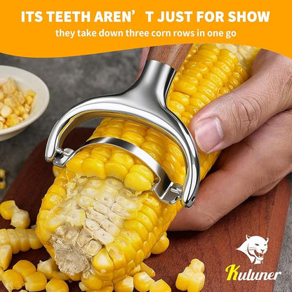 KULUNER Stainless Steel Corn Stripper Tool - Burma Teak Wood Handle, Rust-Resistant Polished Blade, Easy Clean Corn Cob Remover for Salad, Salsa, Party (Burma Teak)