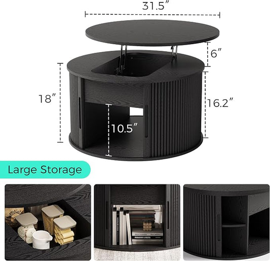LINSY Lift Top Coffee Table, Round Fluted Coffee Table with Storage, Mid Century Modern Wooden Coffee Tables with Sliding Tambour Door, 31.5" Center Table for Living Room, Office, Small Space, Walnut