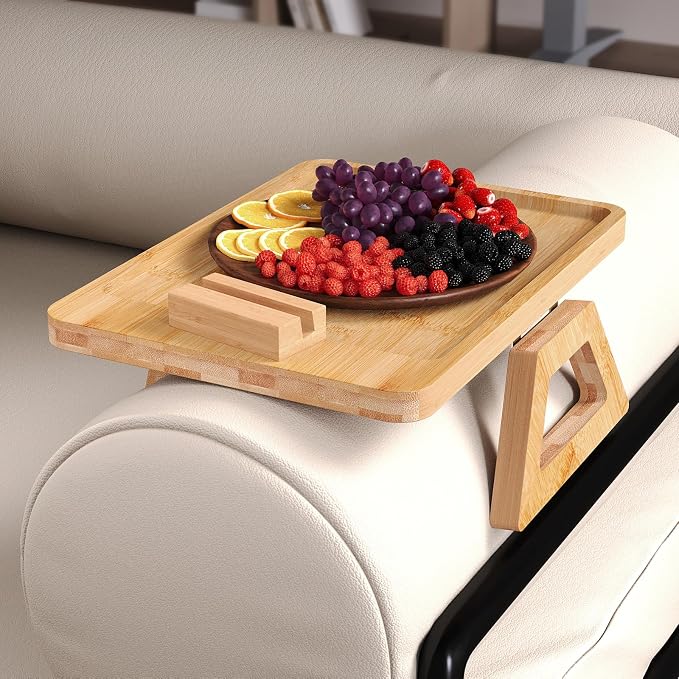 Couch Arm Tray with 360°Phone,Bamboo Folding Sofa Tray,Sofa Armrest Trays Clip-On Couch Desk for Drinks,Snacks,Phone,Remote Control（Natural）