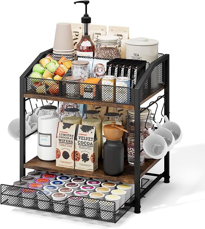 Homsorout Coffee Bar Organizer - Countertop Coffee Station, 42 K Cup holder Storage Basket with Drawer and Hooks for Syrup, Cups, Stirrer, Condiment, Tea Organizer, Black and Brown