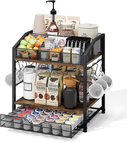 Homsorout Coffee Bar Organizer - Countertop Coffee Station, 42 K Cup holder Storage Basket with Drawer and Hooks for Syrup, Cups, Stirrer, Condiment, Tea Organizer, Black and Brown