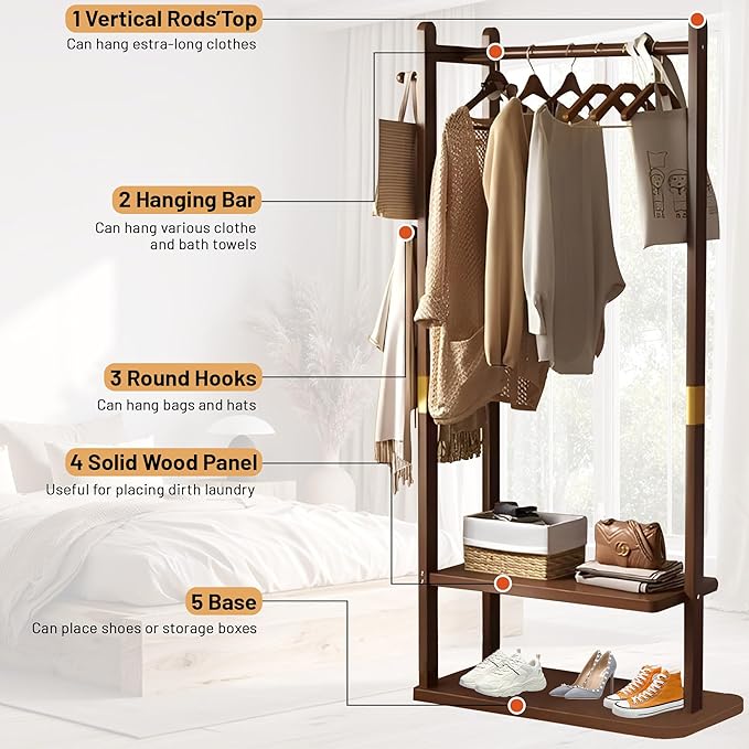 Freestanding Coat Rack with 2 Storage Shelves and 5 Hooks, Heavy Duty Wood Garment Rack for Bedroom, Hallway, Entryway (23.6x11.4x64.7 in)