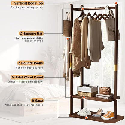 Freestanding Coat Rack with 2 Storage Shelves and 5 Hooks, Heavy Duty Wood Garment Rack for Bedroom, Hallway, Entryway (23.6x11.4x64.7 in)