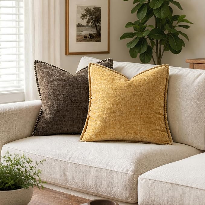 MIULEE Pack of 2 Summer Throw Pillow Covers 18x18 Inch Gold Mustard Yellow Farmhouse Decorative Pillow Covers with Stitched Edge Soft Chenille Solid Dyed Pillow Covers for Couch Sofa Bed Living Room