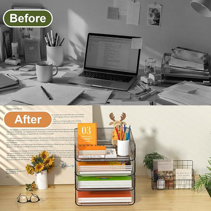 FANXIYQ 4-Tier Acrylic Paper Tray Organizer, Clear & Brown Stackable Desk Organizer for Documents, Files, A4 Paper, Mail, Books & Office Supplies, Office Classroom Home