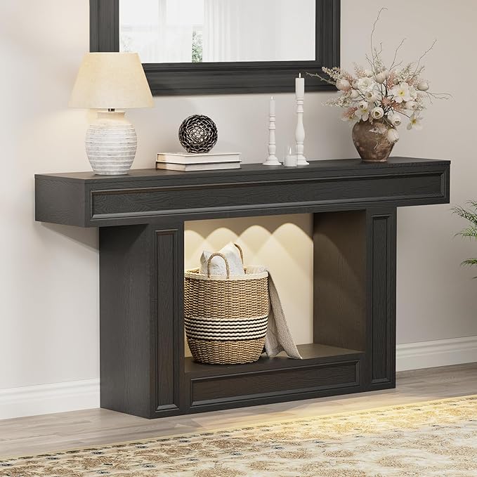 Rresyet 63" Console Table, 2-Tier Entryway Table with Sensor Lights, Coffee Table Behind The Sofa, with U-Shaped Base Suitable for Entryways, Living Rooms, Corridors, and Foyers(Black)